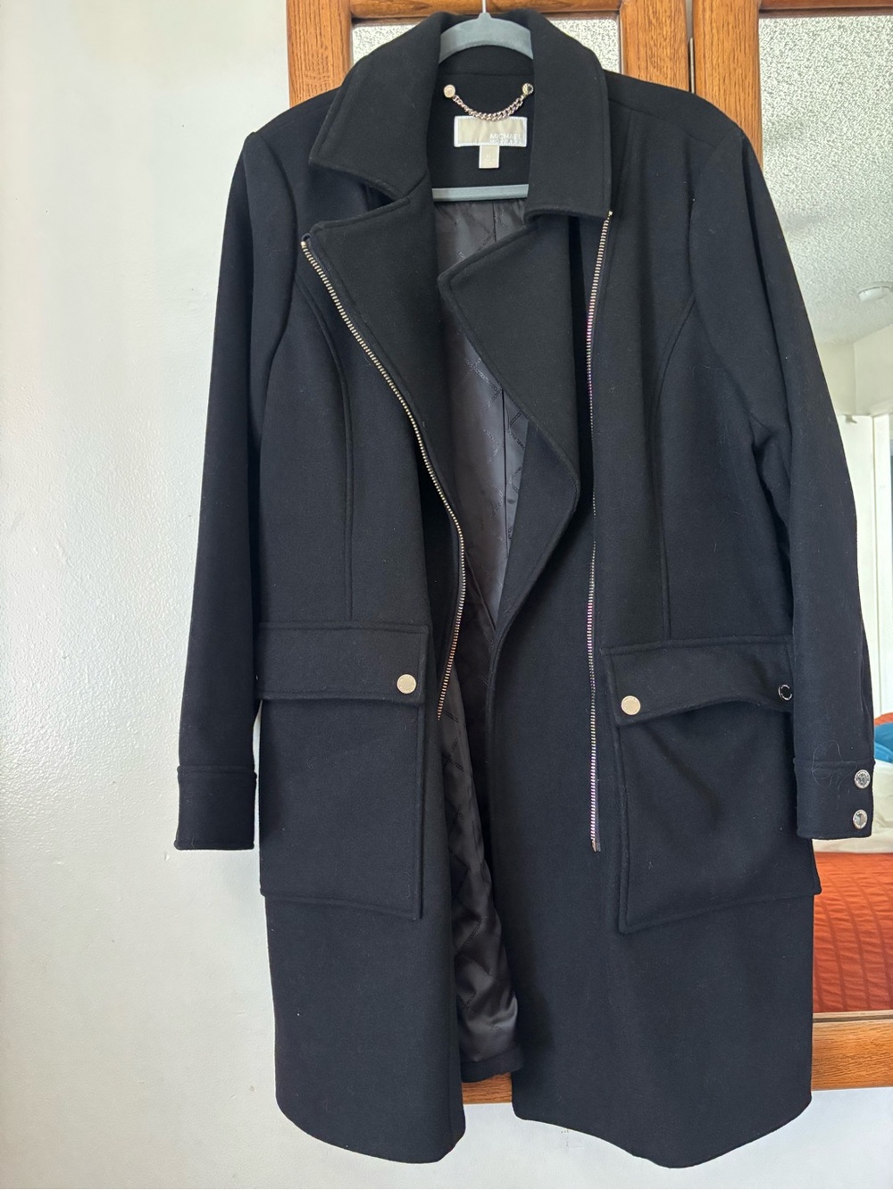 Michael Kors XL Black Wool Blend Belted Coat Gold Hardware Asymmetrical Zip